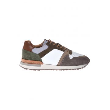 Pantofi sport de piele si piele intoarsa cu design colorblock - Alb/Maro
