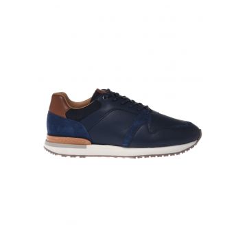 Pantofi sport de piele si piele intoarsa cu perforatii - Albastru inchis
