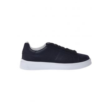 Pantofi sport de piele si piele intoarsa cu perforatii - Bleumarin