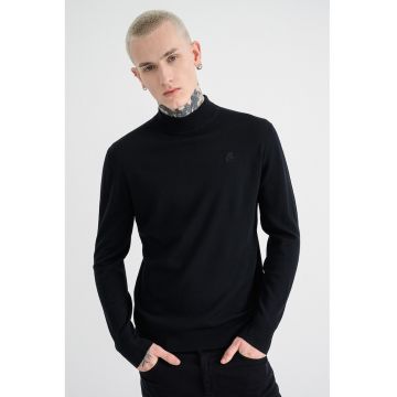 Pulover din lana cu guler scurt - Negru