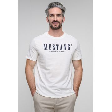 Tricou cu decolteu la baza gatului si imprimeu logo - Alb/Negru