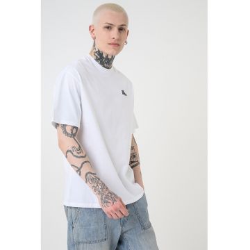 Tricou de bumbac cu detaliu brodat - Albastru prafuit/Alb optic