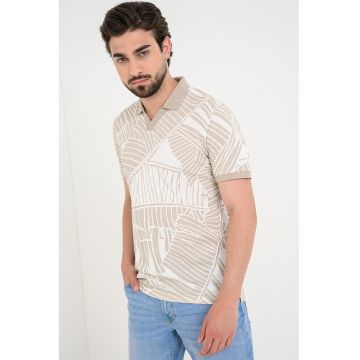 Tricou polo din amestec de in cu croiala slim-fit - Alb fildes/Bej deschis