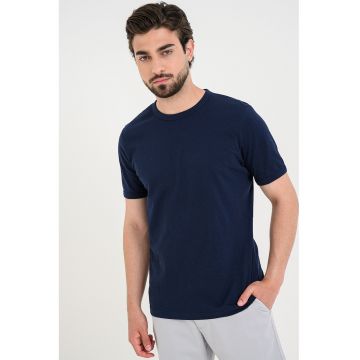 Tricou regular-fit cu decolteu la baza gatului - Bleumarin