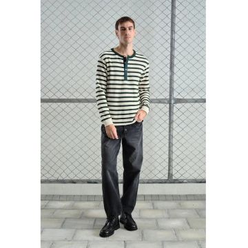 Bluza  cu maneca lunga - guler rotund - dungi - detalii cu nasturi - verde - bumbac