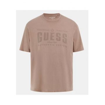 Tricou din amestec de bumbac cu imprimeu logo si decolteu la baza gatului