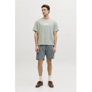 Tricou din bumbac cu decolteu la baza gatului si imprimeu - Bej/Gri cenusiu