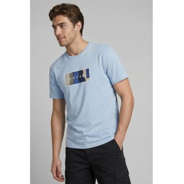 Tricou din bumbac cu decolteu la baza gatului si imprimeu logo - Albastru deschis