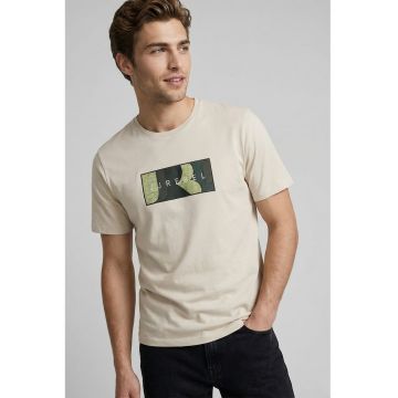 Tricou din bumbac cu decolteu la baza gatului si imprimeu logo - Bej deschis