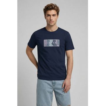 Tricou din bumbac cu decolteu la baza gatului si imprimeu logo - Bleumarin