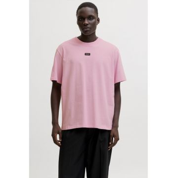 Tricou din bumbac cu decolteu la baza gatului si imprimeu logo discret - Roz pastel