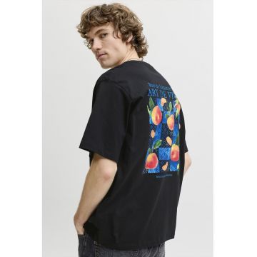 Tricou din bumbac cu imprimeu pe partea din spate - Negru/Piersica