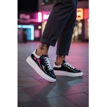 Adidasi barbati casual negri luciosi  cu talpa alba VIP ZR AAA