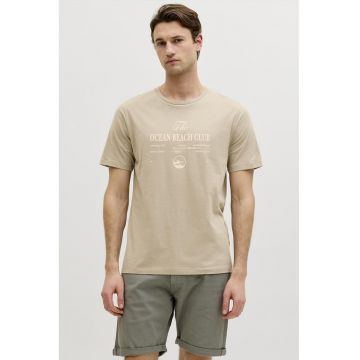 Tricou cu decolteu la baza gatului si imprimeu grafic - Bej