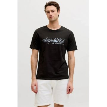 Tricou cu decolteu la baza gatului si imprimeu grafic - Negru/Albastru deschis
