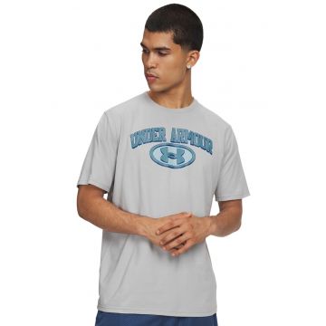 Tricou cu decolteu la baza gatului si imprimeu logo - Gri deschis