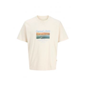 Tricou din amestec de bumbac organic cu imprimeu foto - Crem