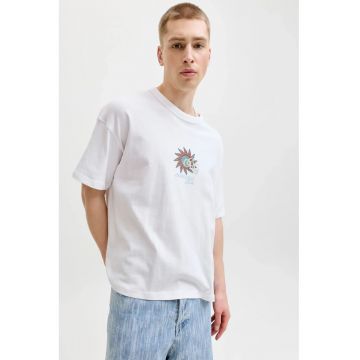 Tricou din bumbac cu decolteu la baza gatului - Albastru prafuit/Alb optic
