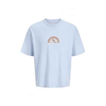 Tricou din bumbac cu decolteu la baza gatului - Maro cognac/Albastru deschis