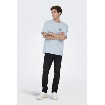Tricou din bumbac cu imprimeu pe partea din spate - Albastru pastel/Negru