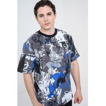 Tricou din bumbac organic cu imprimeu abstract - Alb/Gri/Albastru