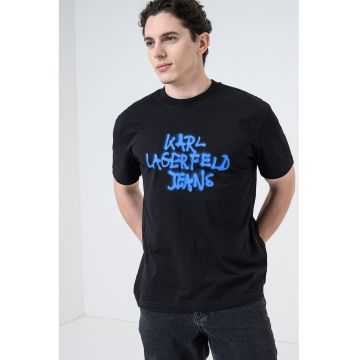 Tricou regular fit de bumbac cu imprimeu logo - Negru/Albastru royal