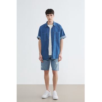 Bermude din denim cu rupturi decorative - Albastru inchis