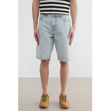 Bermude din denim cu talie medie - Albastru deschis melange