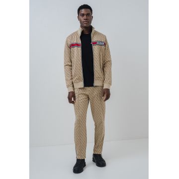 Bluza de trening cu guler mediu - monograma si fermoar - Rosu inchis/Maro camel