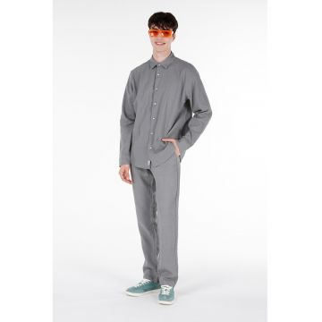 Pantaloni din in cu snur de ajustare in talie - Gri