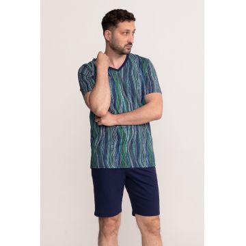 Pijama cu decolteu in V si pantaloni scurti Noah - Verde/Violet/Bleumarin