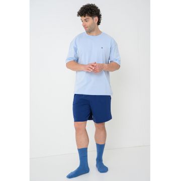 Pijama din amestec de bumbac cu logo - Bleumarin stins/Albastru deschis