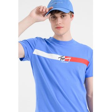 Tricou cu decolteu la baza gatului si imprimeu logo - Albastru