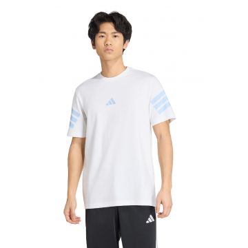 Tricou de bumbac cu decolteu la baza gatului si logo - Alb/Albastru deschis