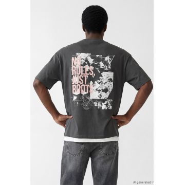 Tricou de bumbac cu imprimeu - Alb/Roz pastel/Gri inchis