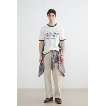 Tricou de bumbac cu imprimeu text - Verde padure/Alb optic/Gri antracit
