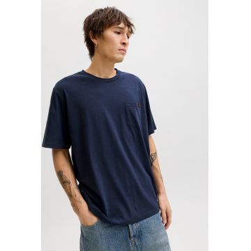 Tricou din amestec de bumbac organic cu buzunar aplicat pe piept - Bleumarin