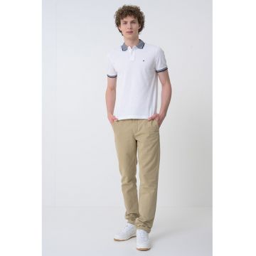 Tricou polo din amestec de in - Alb optic/Bleumarin