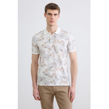 Tricou polo slim fit cu model - Alb/Gri deschis/Maro pamantiu