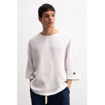Bluza barbati -  cu maneca lunga - brodat - alb - 100% bumbac -