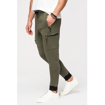 Pantaloni de trening cu croiala slim-fit si snur in talie - Verde masliniu inchis