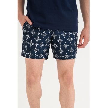 Pantaloni scurti de baie cu snururi si imprimeu - Bleumarin