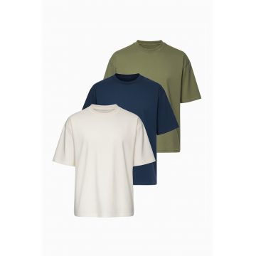 Set de tricouri din amestec de bumbac - 3 piese - Alb murdar/Verde stins/Bleumarin