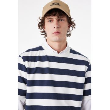 Tricou cu decolteu la baza gatului si dungi - Alb/Bleumarin