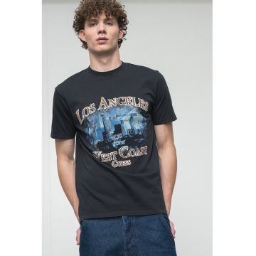 Tricou cu decolteu la baza gatului si imprimeu - Negru/Maro deschis/Albastru