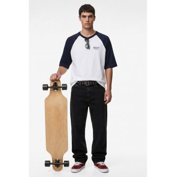 Tricou de bumbac cu decolteu la baza gatului - Alb/Bleumarin