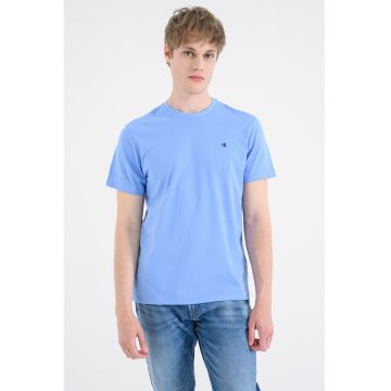 Tricou din bumbac cu decolteu la baza gatului - Albastru azur