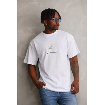 Tricou supradimensionat -  imprimeu pe spate - alb - bumbac-poliester-elastan