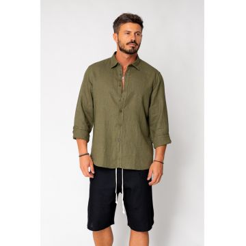 Camica  din in premium Dark Green - lunga - cu nasturi - marime