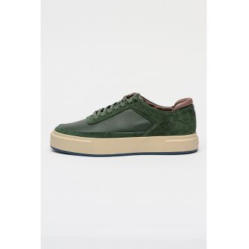 Pantofi sport low-cut de piele si piele intoarsa Basket Cupsole - Verde padure/Gri antracit
